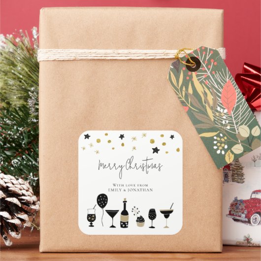 Cocktails Cake Balloons Gold Schwarz Frohe Weihnac Quadratischer Aufkleber (Feiertag)