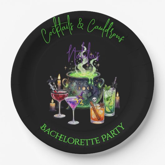 Cocktails & Cauldrons Halloween-Junggesellinnenabs Pappteller (Vorderseite)