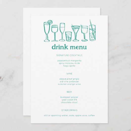Cocktails Doodle Sketch Modernes CUSTOM Getränk Menükarte (Vorne/Hinten)