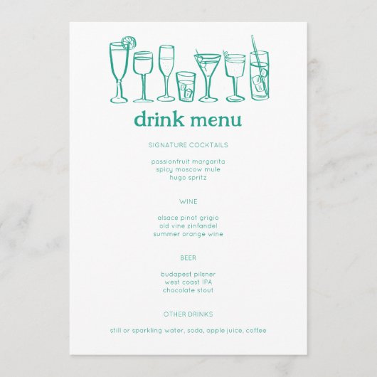 Cocktails Doodle Sketch Modernes CUSTOM Getränk Menükarte (Vorderseite)