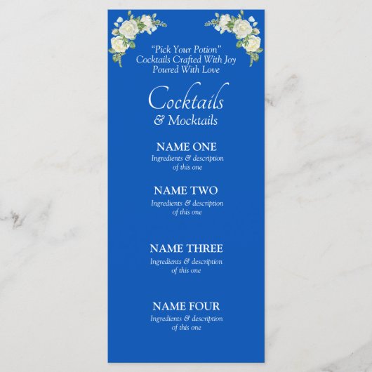 Cocktails Drinks Menü Karte - Cobalt Blue & White (Vorderseite)