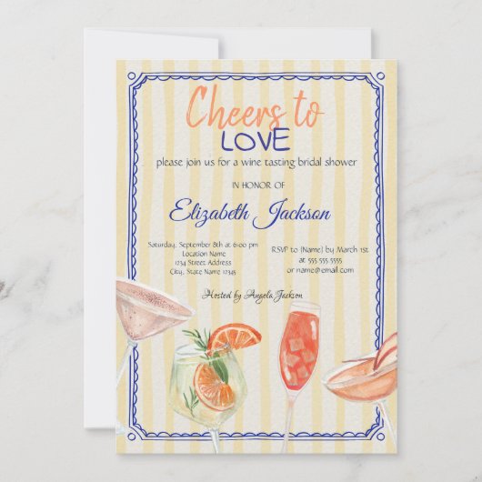Cocktails Gelbes gestreiftes Brautparty Einladung (Vorderseite)