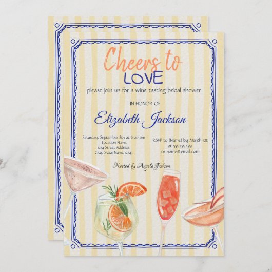 Cocktails Gelbes gestreiftes Brautparty Einladung (Vorne/Hinten)
