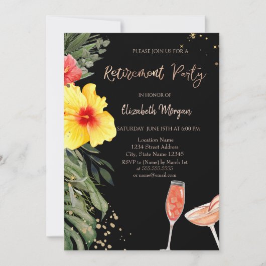 Cocktails Hibiskus Black Retirement Einladung (Vorderseite)