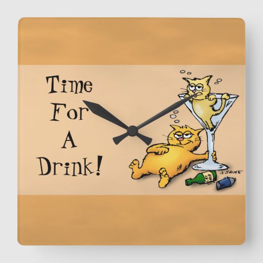 Cocktails & Kittens TIme for a Drink Gold Clock Quadratische Wanduhr (Vorderseite)