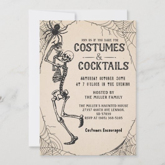 Cocktails & Kostüme Skelett Halloween-Party Einladung (Vorderseite)
