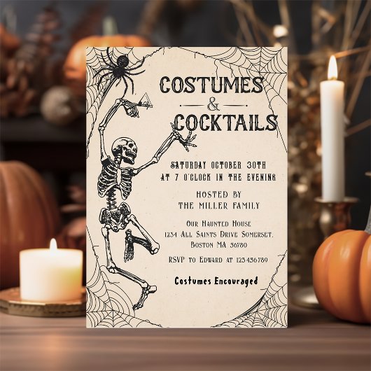 Cocktails & Kostüme Skelett Halloween-Party Einladung