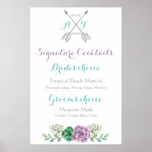Cocktails mit Hochzeitssignatur, botanische Blume Poster