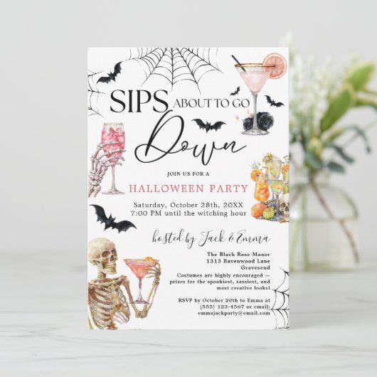 Cocktails Night Sips About to Go Down Halloween Einladung (Stehend Vorderseite)