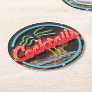 Cocktails Nightclub Neon. Runder Pappuntersetzer