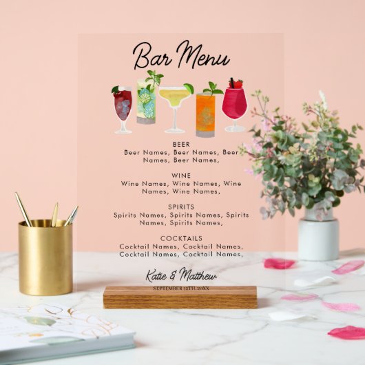 Cocktails & Party Bar Drinks Hochzeitsmenü Acrylschild (Hochzeit)