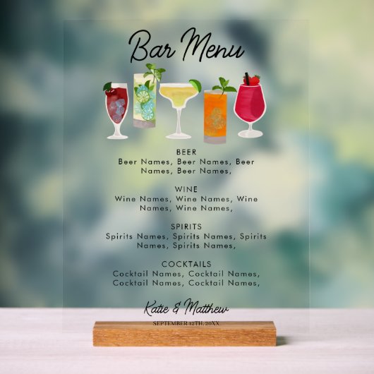 Cocktails & Party Bar Drinks Hochzeitsmenü Acrylschild (Neutral)