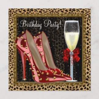 Cocktails Rote High Heel Schuhe Leopard Geburtstag Einladung