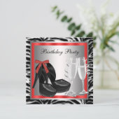 Cocktails Rote High Heel Schuhe Red Zebra Geburtst Einladung (Stehend Vorderseite)