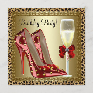 Cocktails Rote High Heels Leoparden Geburtstag Einladung