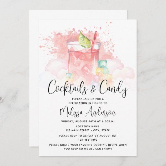 Cocktails und Candy-Party Einladung (Vorne/Hinten)