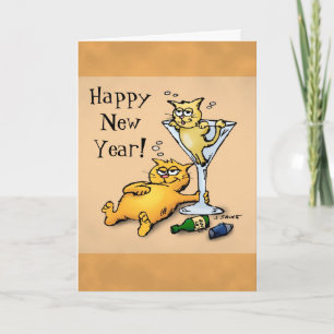 Cocktails und Kittens Happy New Year Cartoon Card Feiertagskarte