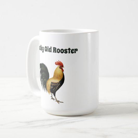 "Cocky Old Rooster" mit Grafik eines Roosters Kaffeetasse (Vorderseite Links)