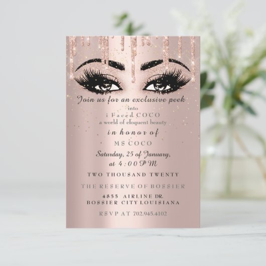 Coco Event Tropfen Rose Eyelash Confetti Makeup Einladung (Stehend Vorderseite)