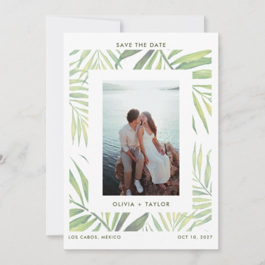 COCO Watercolor Palm Leaf Save the Date Einladung (Vorderseite)