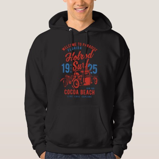 Cocoa Beach Florida Retro Hotrod Surf Distressed Hoodie (Vorderseite)