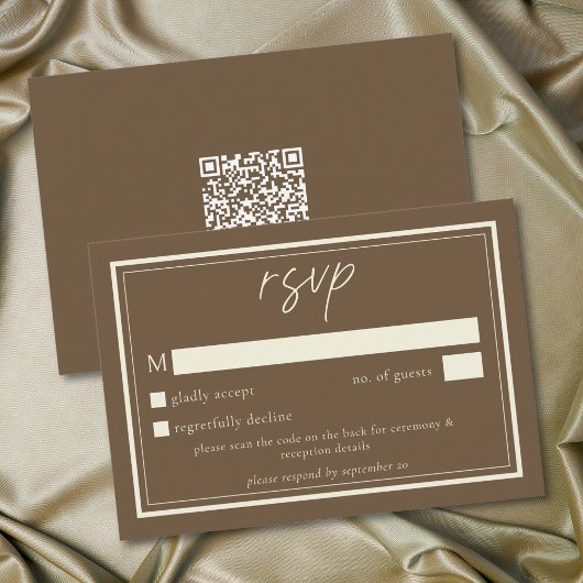Cocoa Brown Minimalist Frame Wedding QR Code RSVP Karte