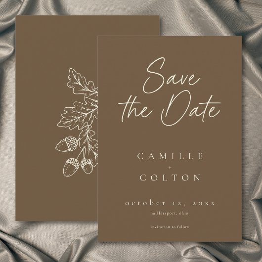 Cocoa Brown Minimalist Leaf Acorn Fall Wedding RSVP Karte