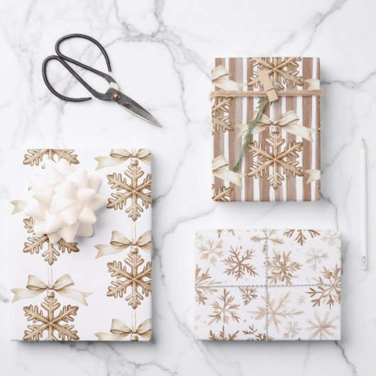 Cocoa Cream Schneeflocken Streifen Weihnachten  Geschenkpapier Set (Vorderseite)