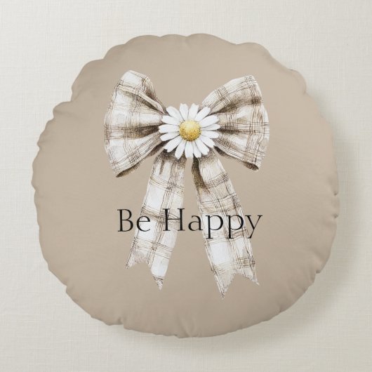 Cocoa Cream White Bow Daisy Flower Happy Rundes Kissen (Vorderseite)