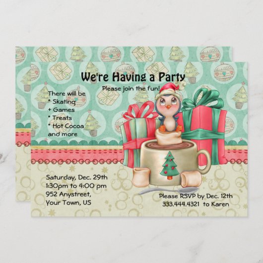 Cocoa Penguin Winter Fun Party Einladung (Vorne/Hinten)