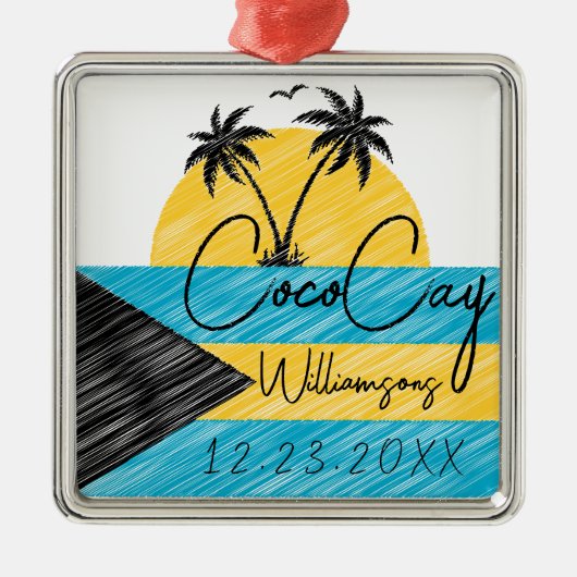CocoCay Bahamas Flag Palm Tree Sunset Souvenirs Ornament Aus Metall (Vorne)