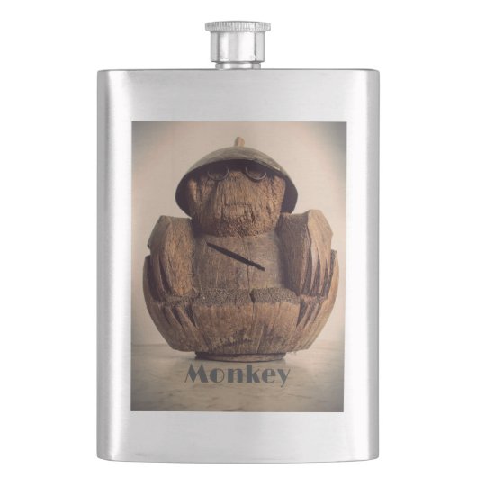 Coconut Carved Monkey Bank Retro Tiki Flachmann (Vorderseite)