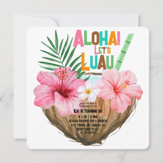 Coconut Cocktail Luau Birthday Tropisch Hawaii Einladung (Vorderseite)