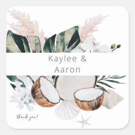 Coconut Coral & White Floral Vielen Dank Quadratischer Aufkleber