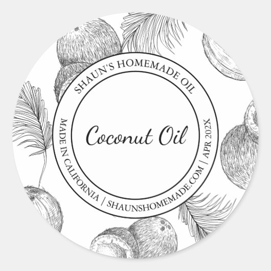 Coconut Oil Sketch Modernes Label Runder Aufkleber (Vorderseite)