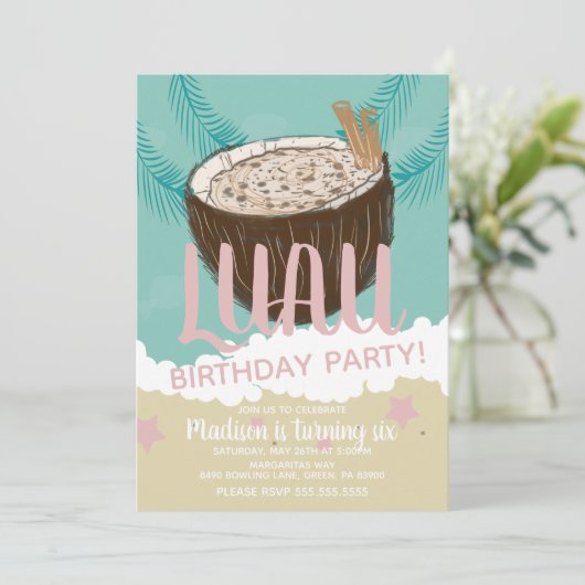 Coconuts Luau Tropical Birthday Party Einladung (Stehend Vorderseite)