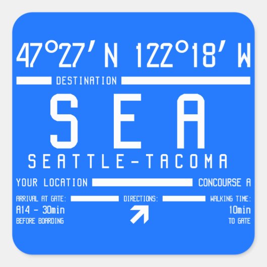 Code des Flughafens Seattle-Tacoma Quadratischer Aufkleber (Vorderseite)