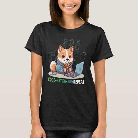 Code Fetch Sip Repeat Coffee Binary Shiba Inu Prog T-Shirt (Vorderseite)