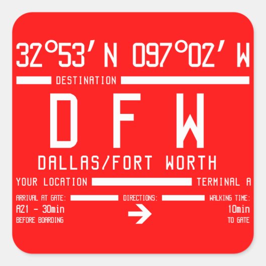 Code für den internationalen Flughafen Dallas/Fort Quadratischer Aufkleber (Vorderseite)