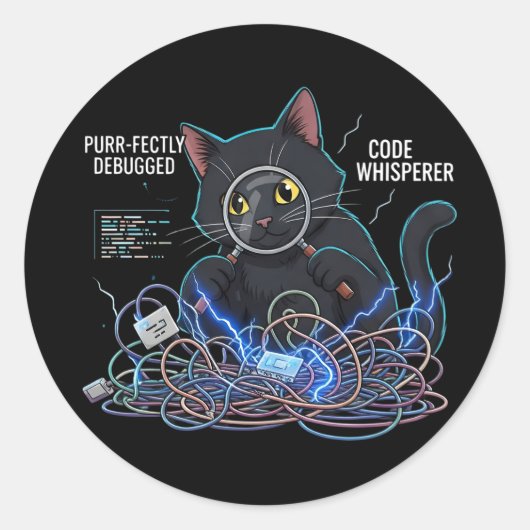 Code Whisperer Entwickler Katze Runde Schwarze Auf Runder Aufkleber (Vorderseite)