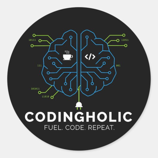 Codingholic Tech Brain Programmer Dunkel Runder Aufkleber (Vorderseite)