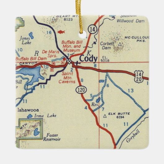 Cody Wyoming Vintag Map Keramikornament (Vorderseite)