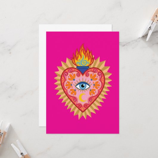 Cœur Sacré Mexicain avec Œil Protecteur et Flamme  Einladung (Vorderseite/Rückseite Beispiel)