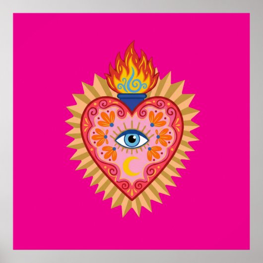 Cœur Sacré Mexicain avec Œil Protecteur et Flamme  Poster (Vorne)