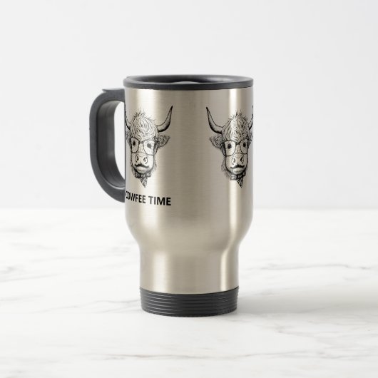 Coffe Highland Cow mit Glass Fun Monochrome Reisebecher (Vorderseite Links)
