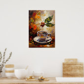 Coffee Art: Steaming Mug & Cherry Branch Poster (Küche)
