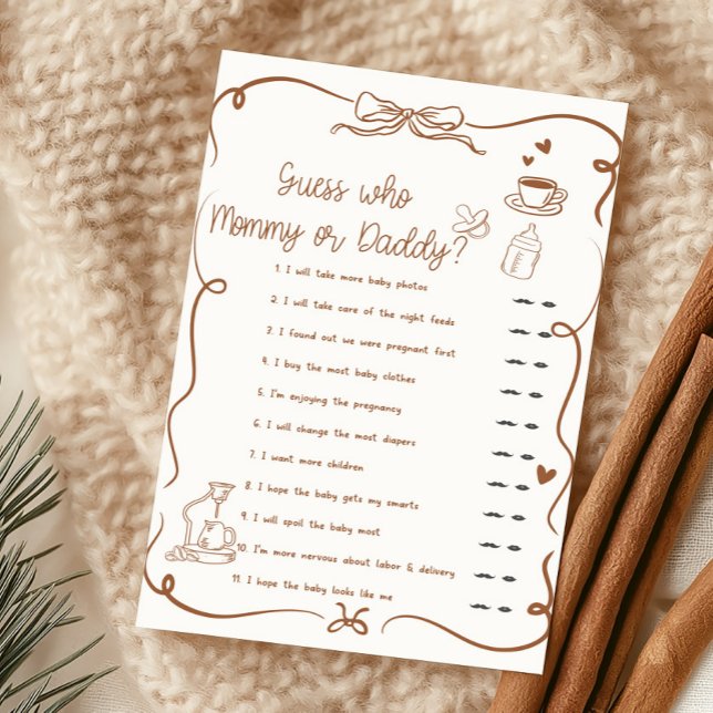 Coffee Baby is Brewing Errate wer Mami oder Papi i (Hand Drawn Coffee Baby Shower Guess Who Mommy or Daddy Game)