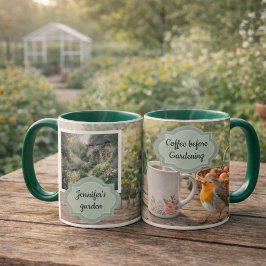 Coffee before gardening robin morning garden photo tasse