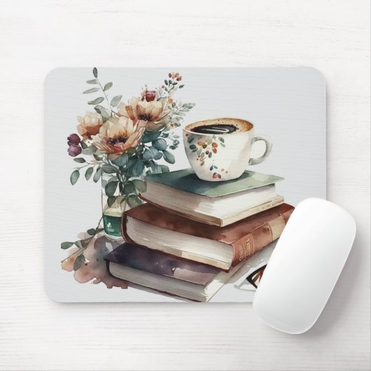 Coffee Boho Floral Green Brown Wasserfarbe Mousepad (Mit Mouse)