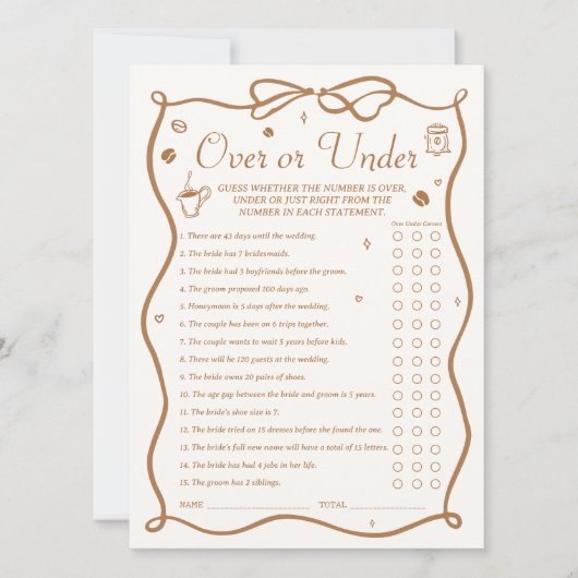 Coffee Bridal Shower Over and Under Game Card Einladung (Vorderseite)